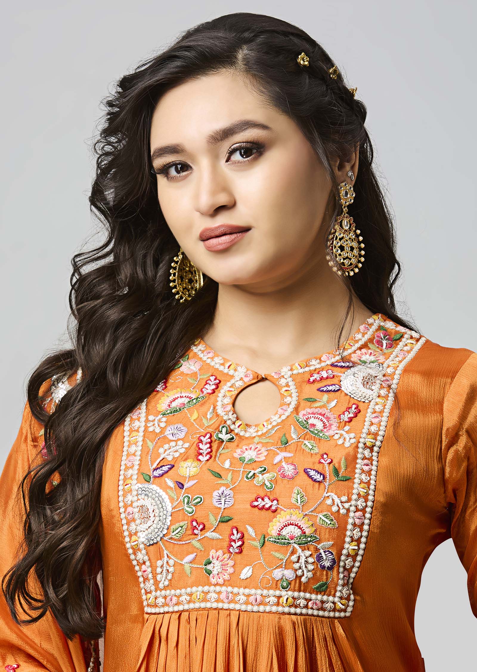 Orange Chinnon Anarkali Suit