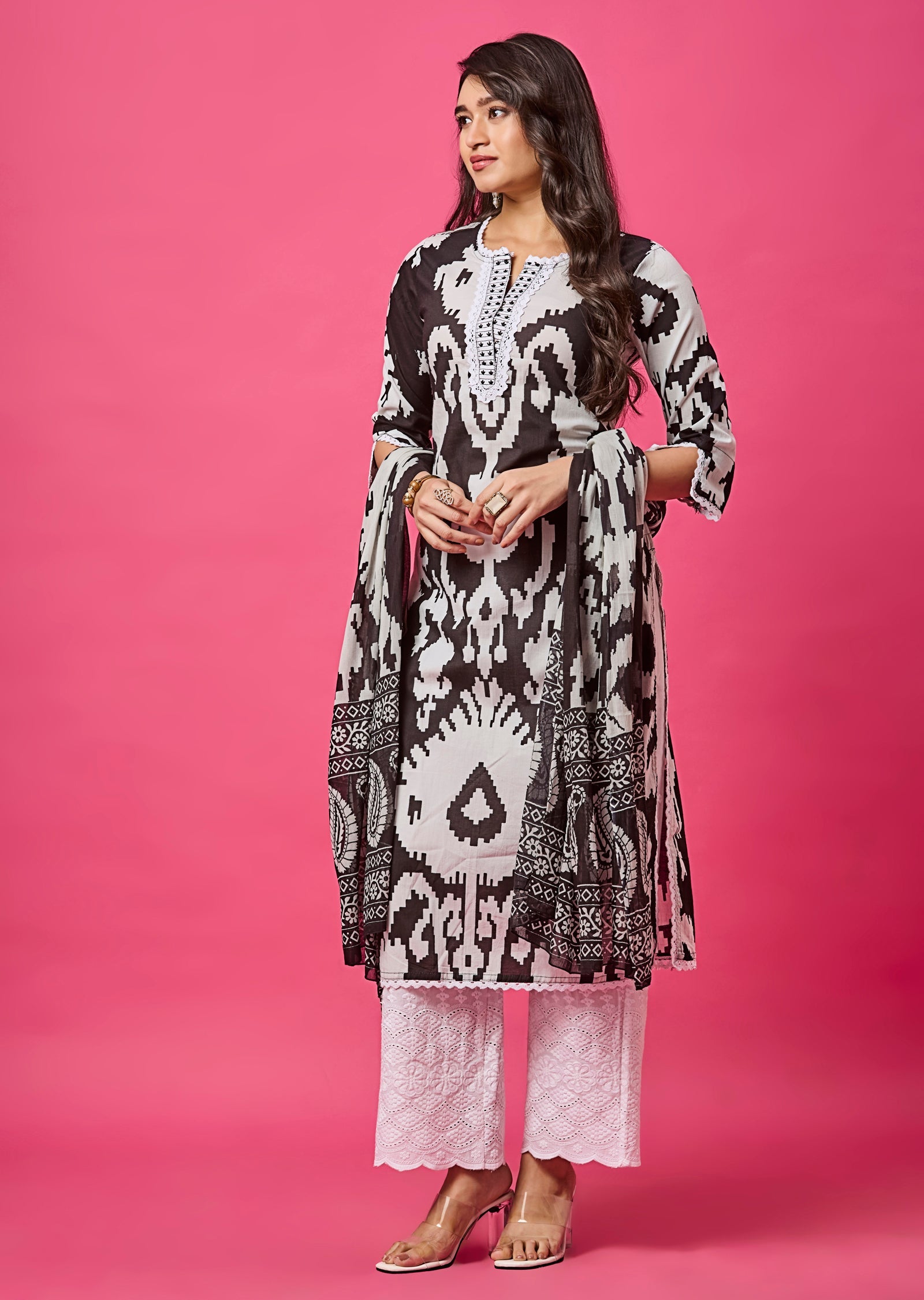 Black & White Cotton Straight Cut Suit