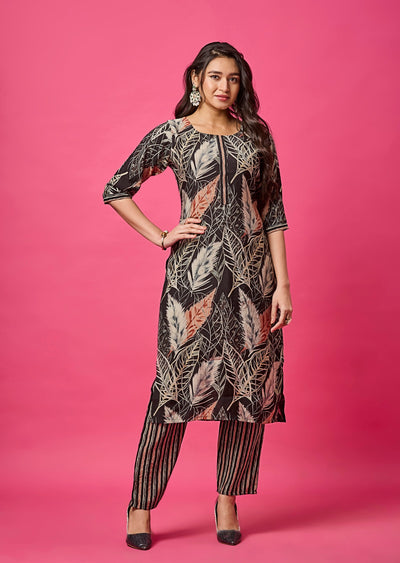 Black Muslin Straight Cut Kurti Set