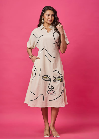 Off White Linen Cotton Midi Dress