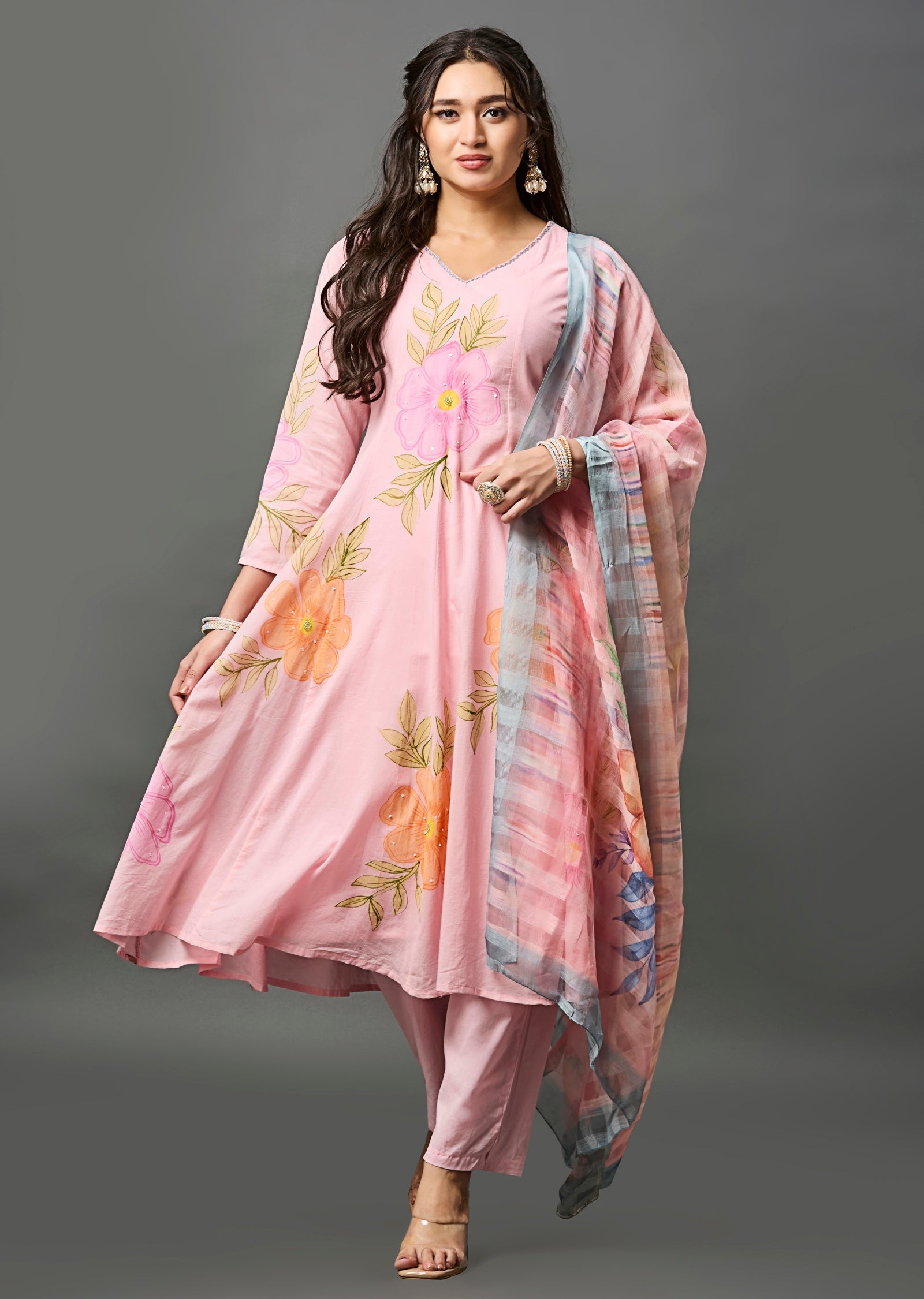 Light Pink Cotton Anarkali Suit