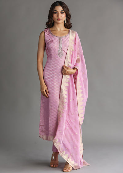 Onion Pink Banarasi Straight Cut Suit
