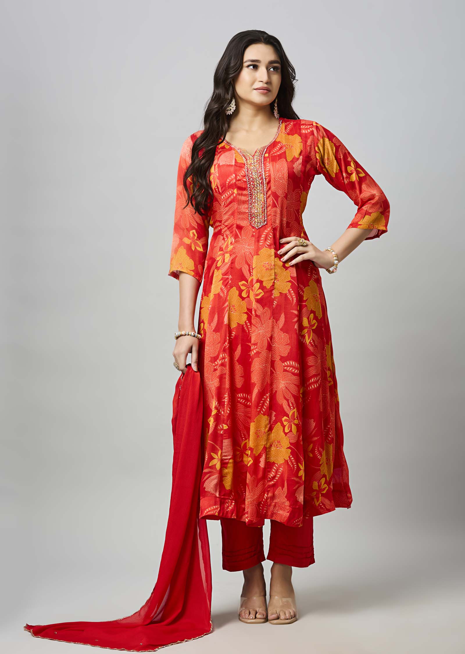 Red Chinnon Anarkali Suit