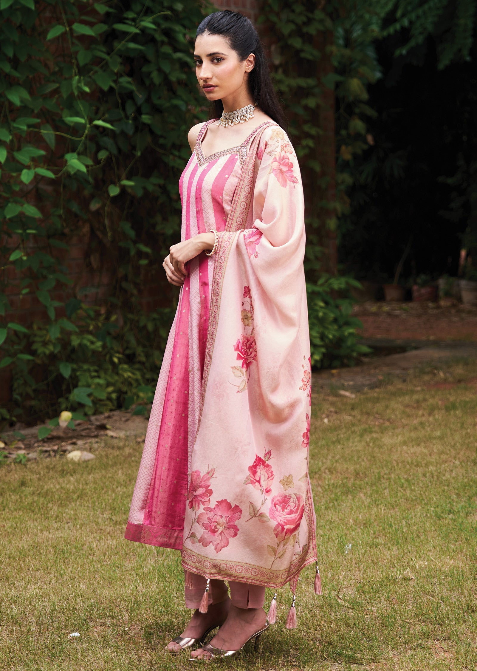 Light Pink Tissue Anarkali Suit