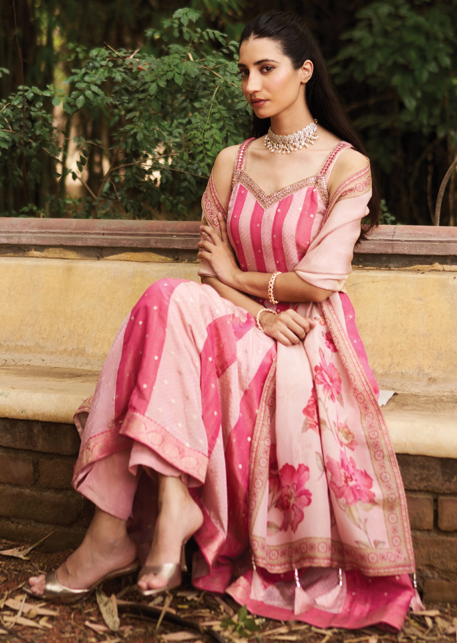 Light Pink Tissue Anarkali Suit