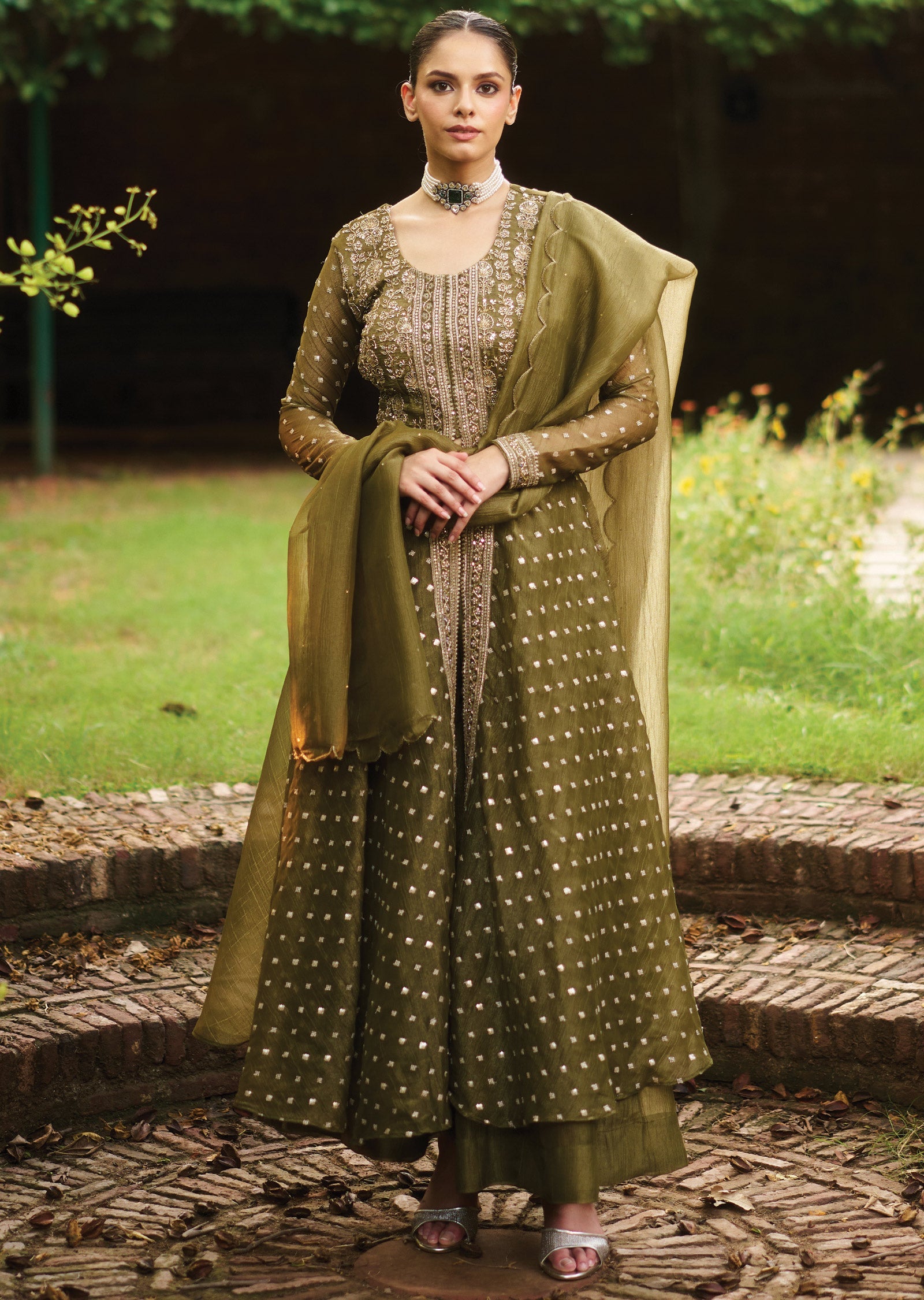 Mehendi Green Tissue Anarkali Suit