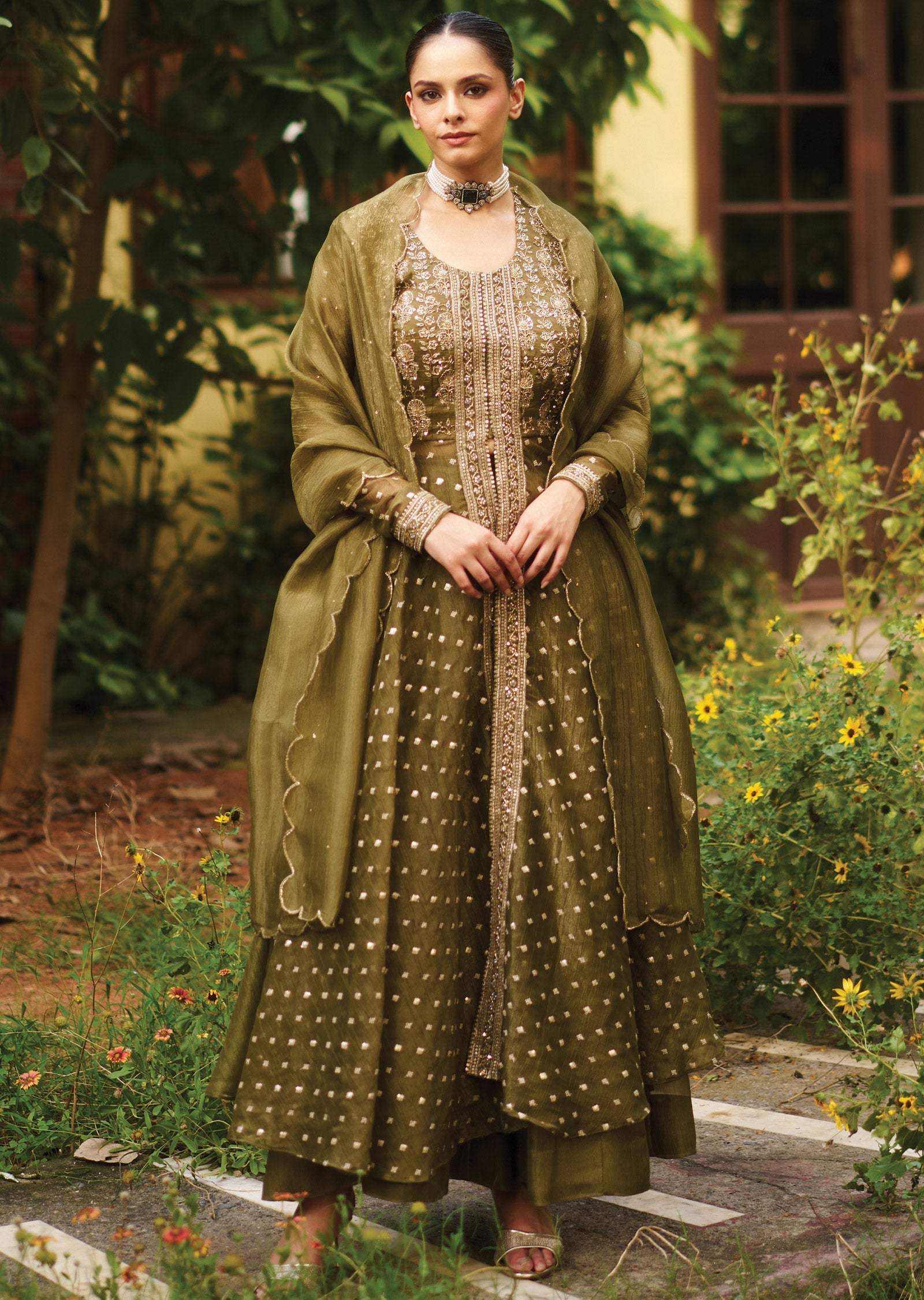 Mehendi Green Tissue Anarkali Suit