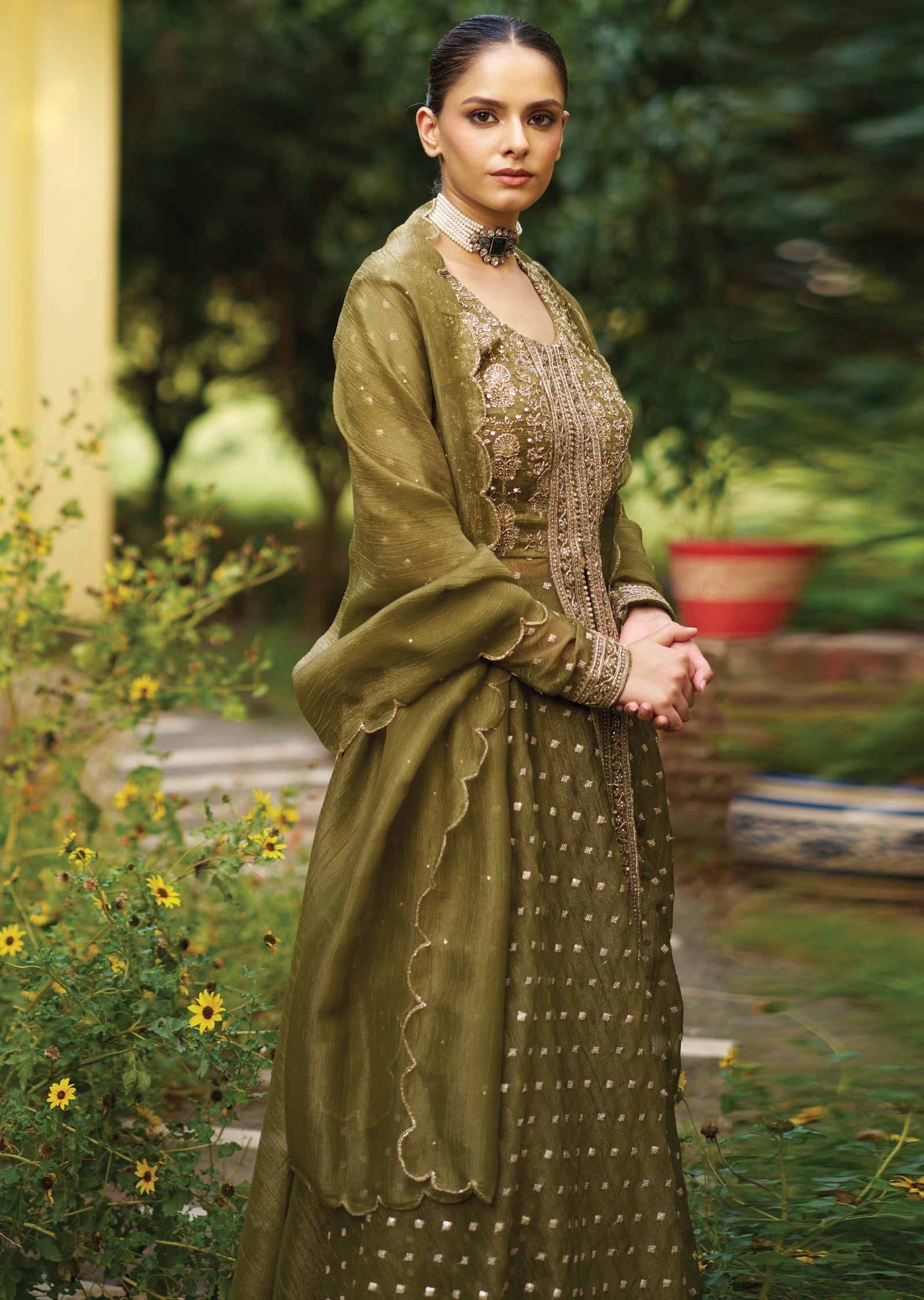 Mehendi Green Tissue Anarkali Suit
