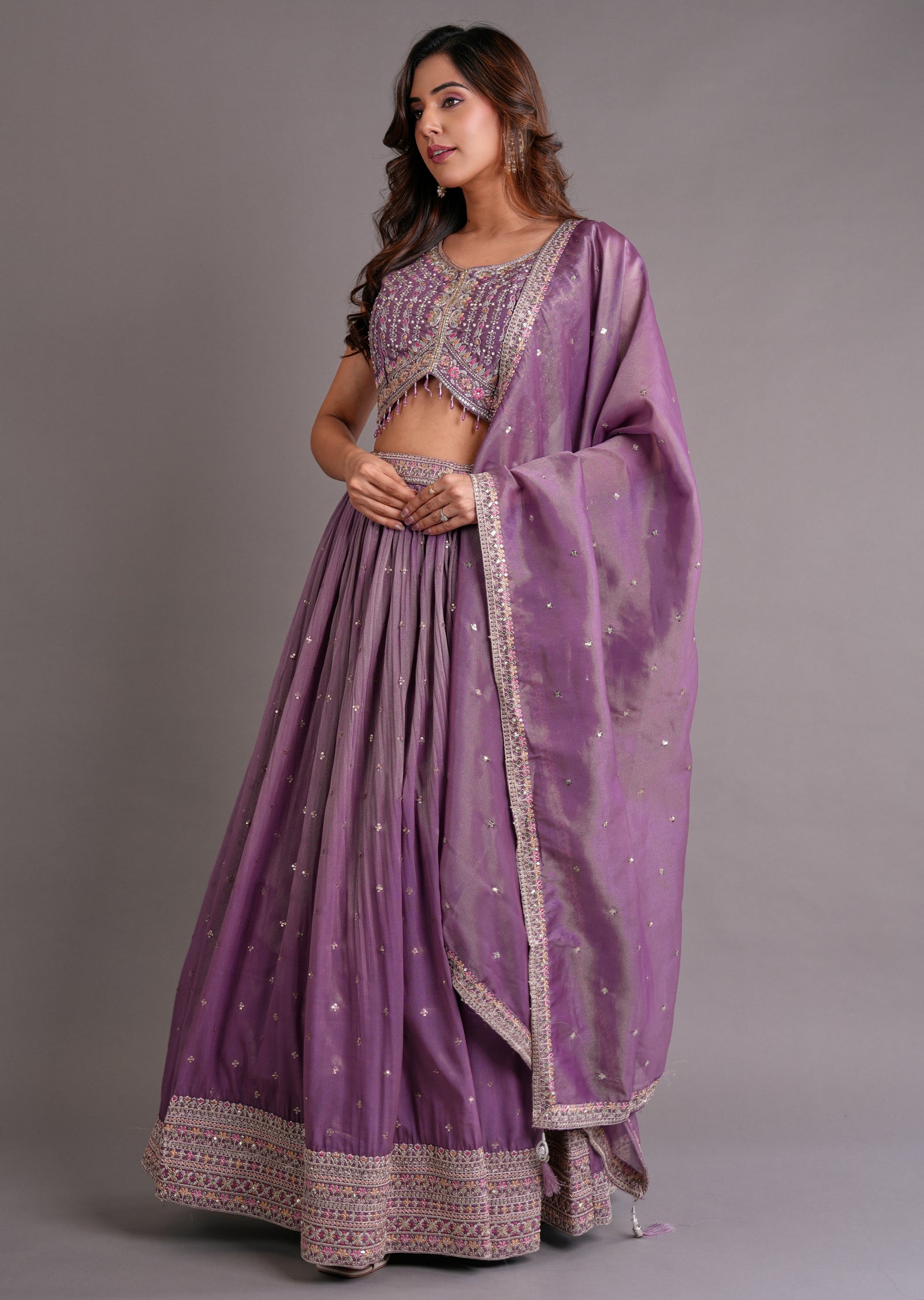 Mauve Tissue Silk Lehenga