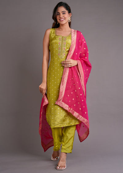 Mehendi Green Silk Straight Cut Suit