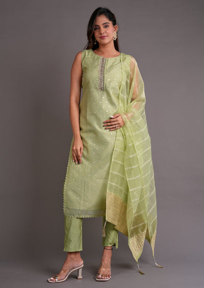 Light Green Organza Straight Cut Suit