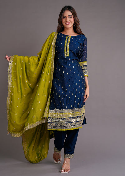Navy Blue Silk Straight Cut Suit