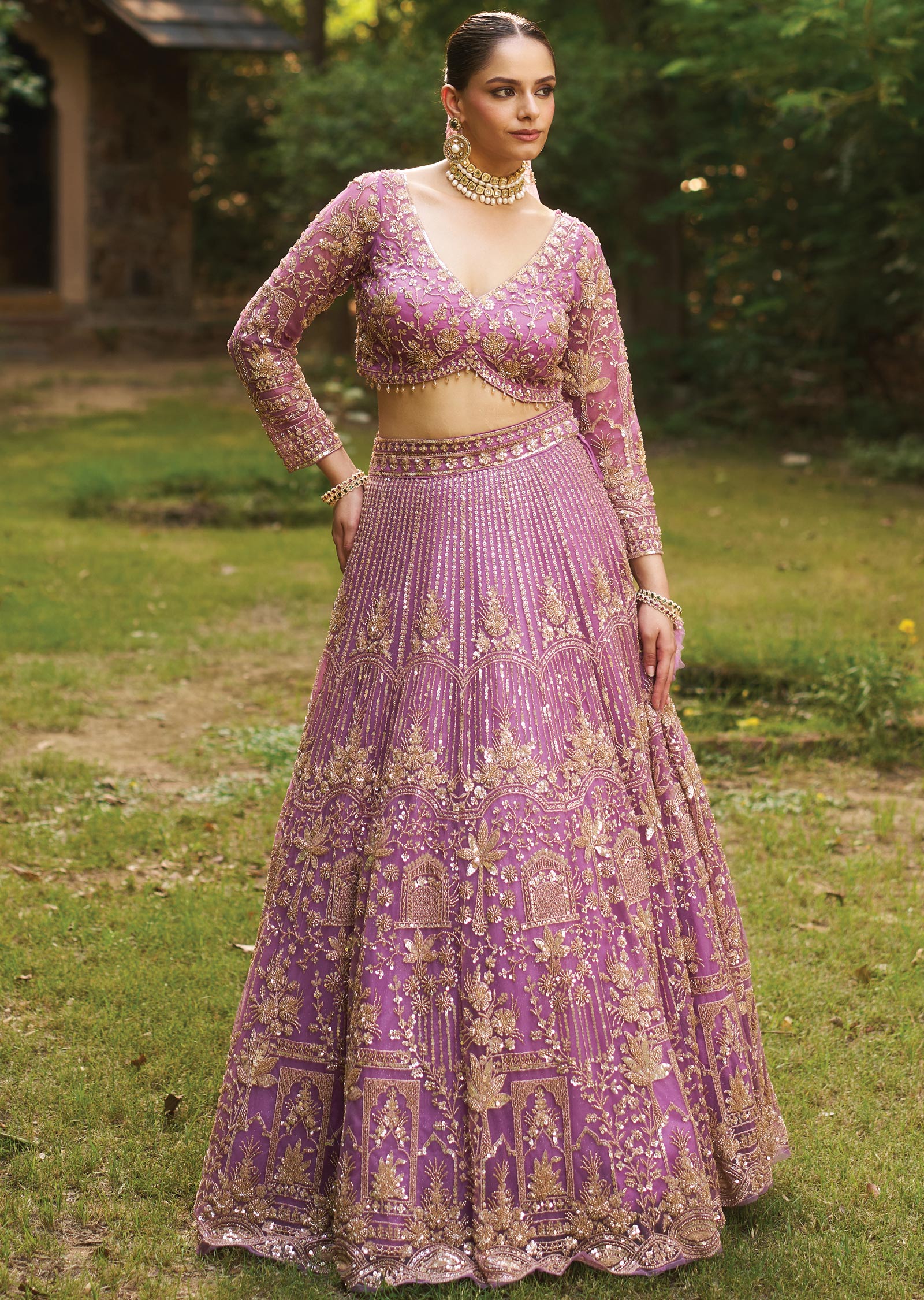 Lavender Net Lehenga Set