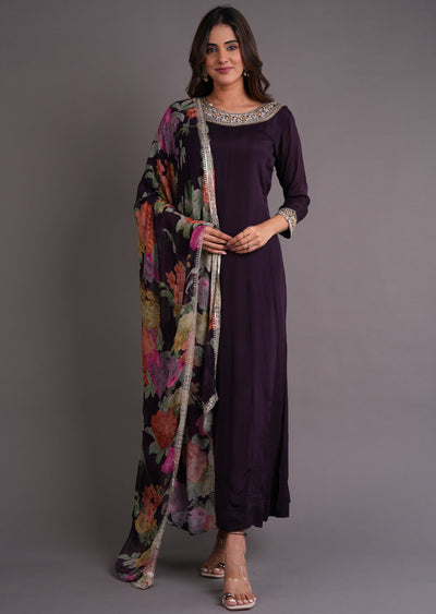 Wine Chinnon Anarkali Suit