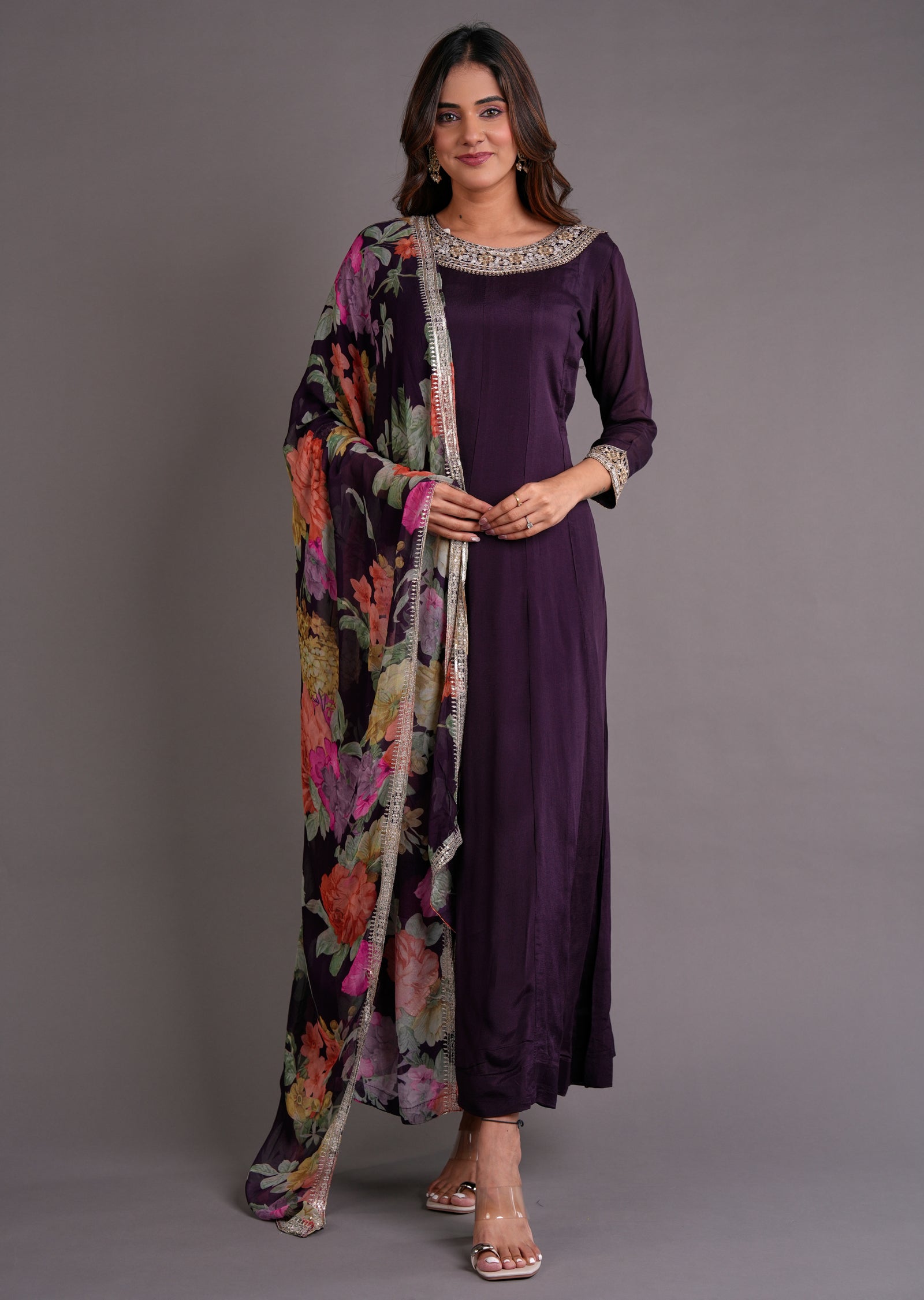 Wine Chinnon Anarkali Suit