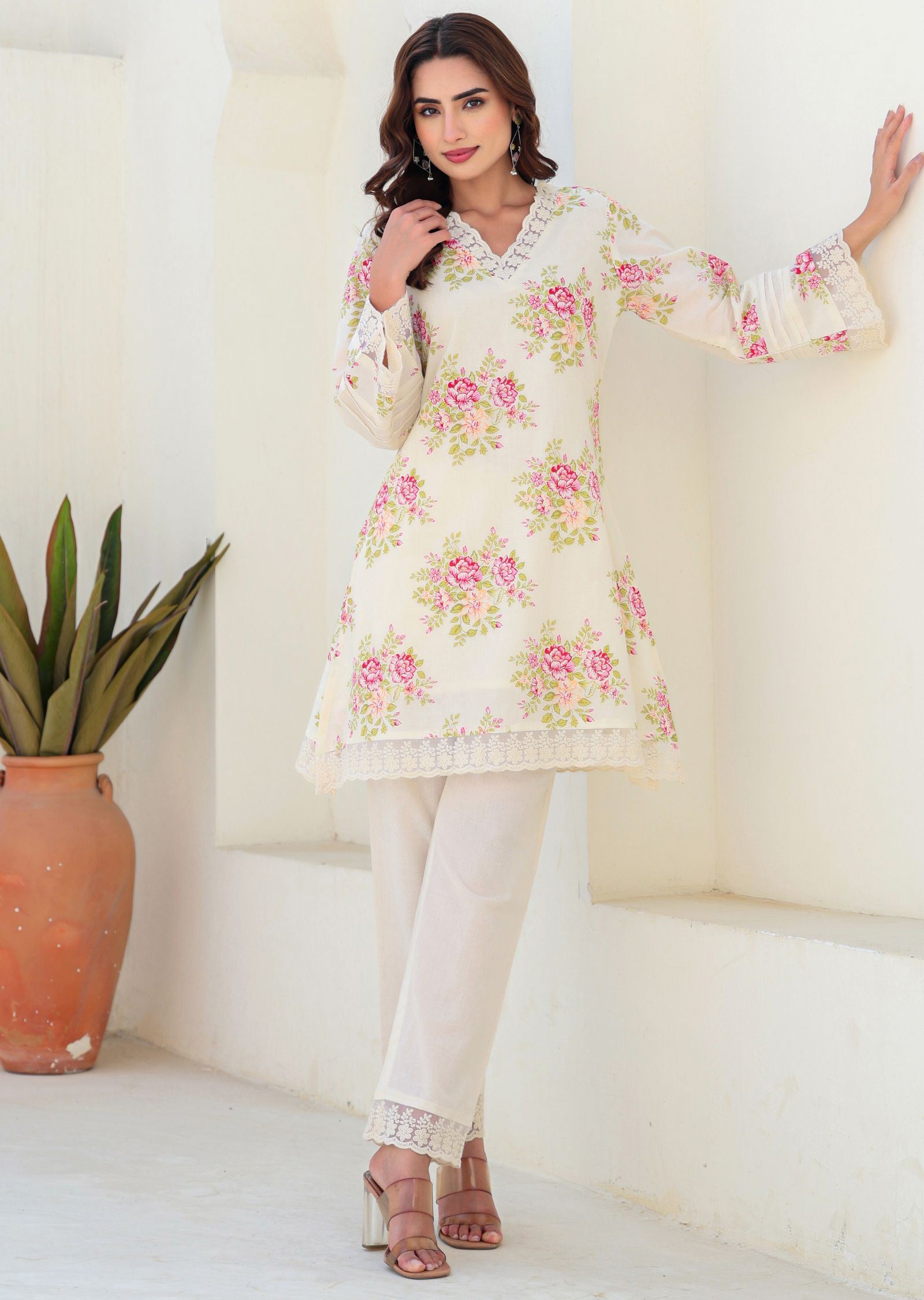 Off White Cotton Straight Cut Kurti Set