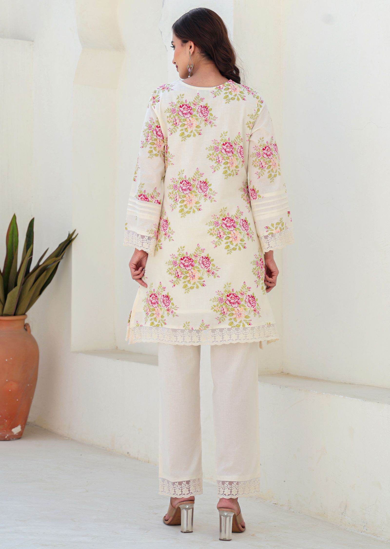 Off White Cotton Straight Cut Kurti Set