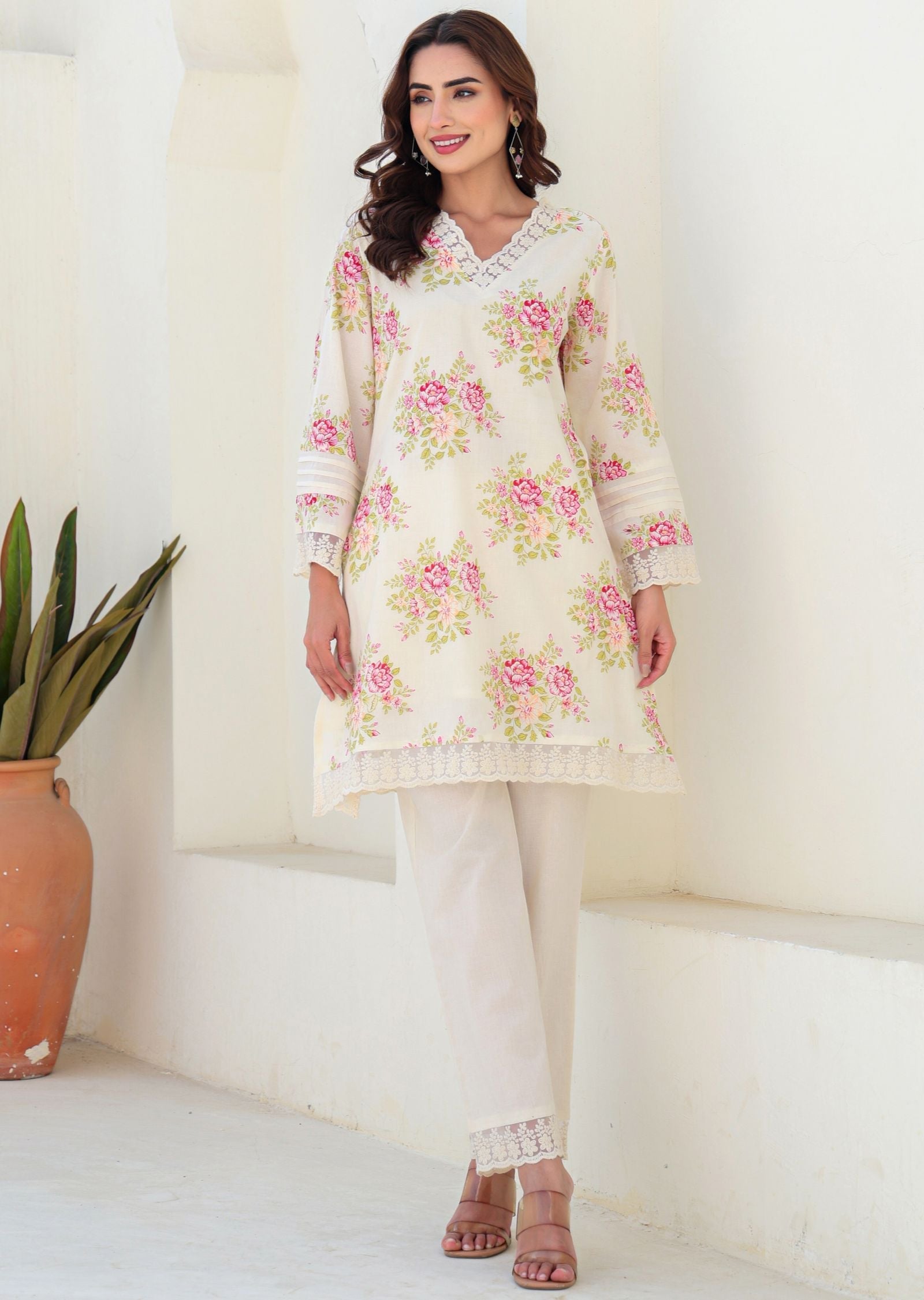 Off White Cotton Straight Cut Kurti Set
