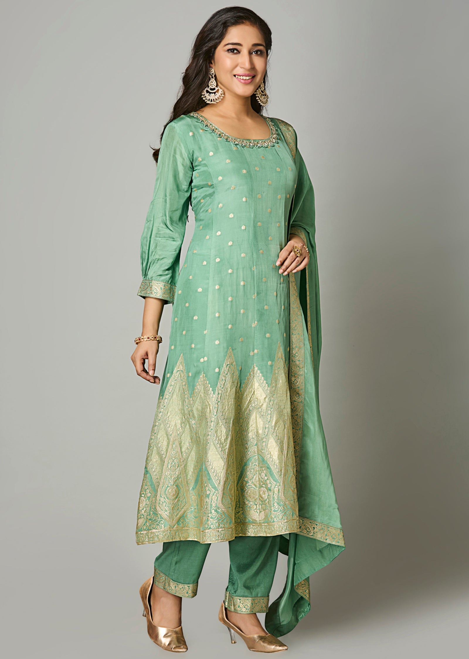 Dusty Green Silk Anarkali Suit