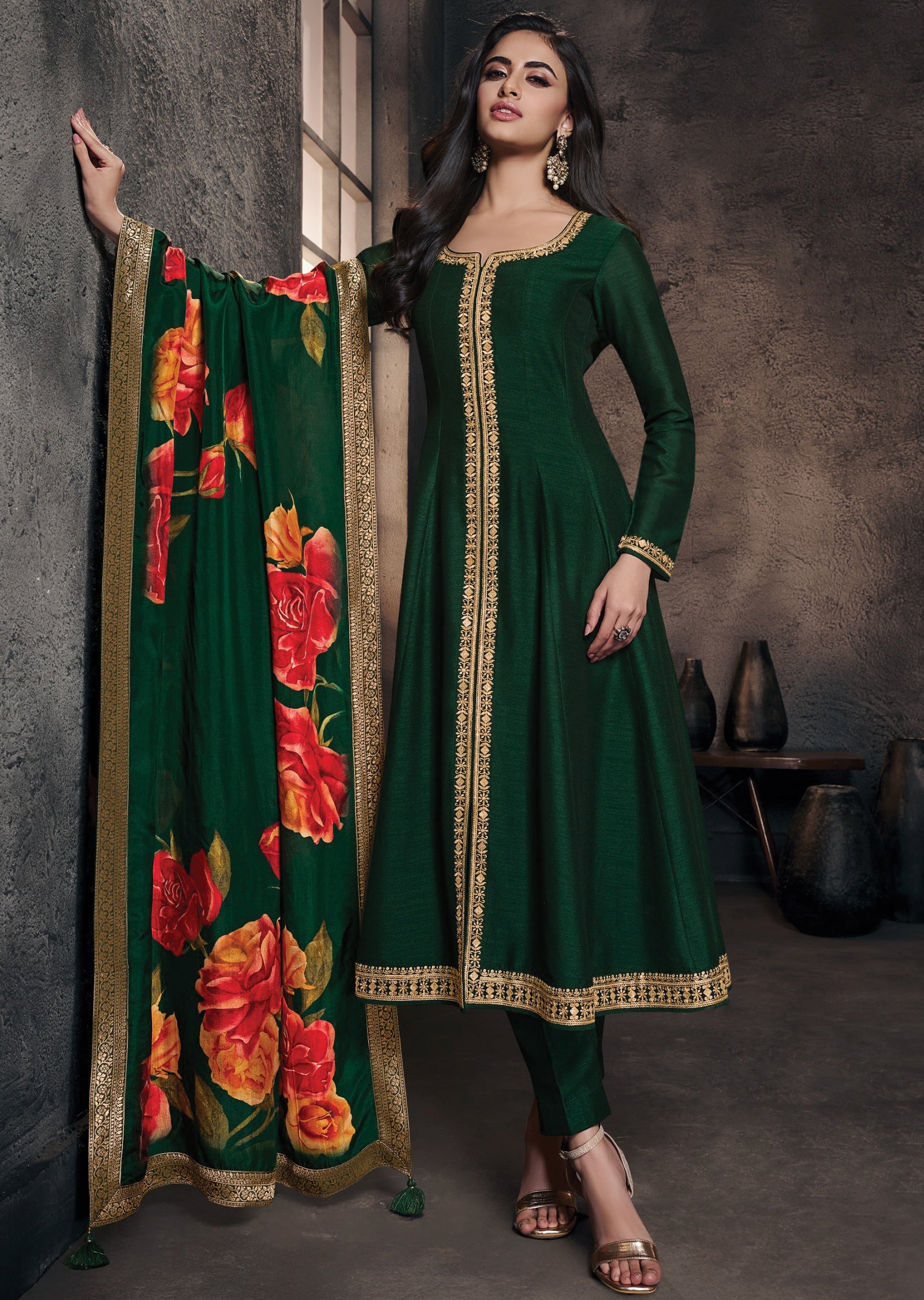 Bottle Green Silk Anarkali Suit