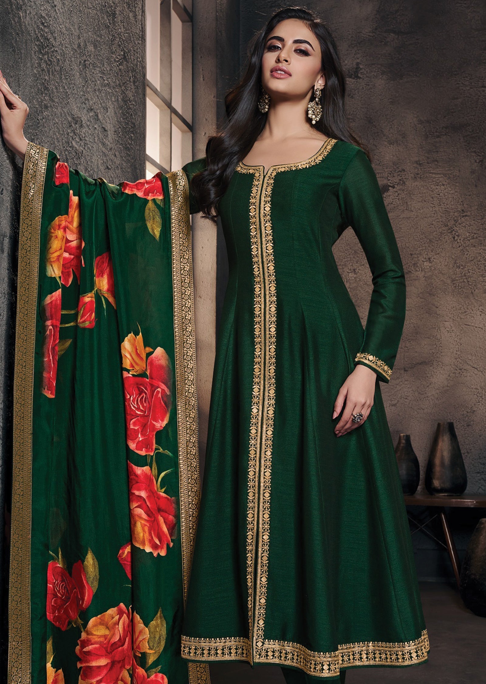 Bottle Green Silk Anarkali Suit