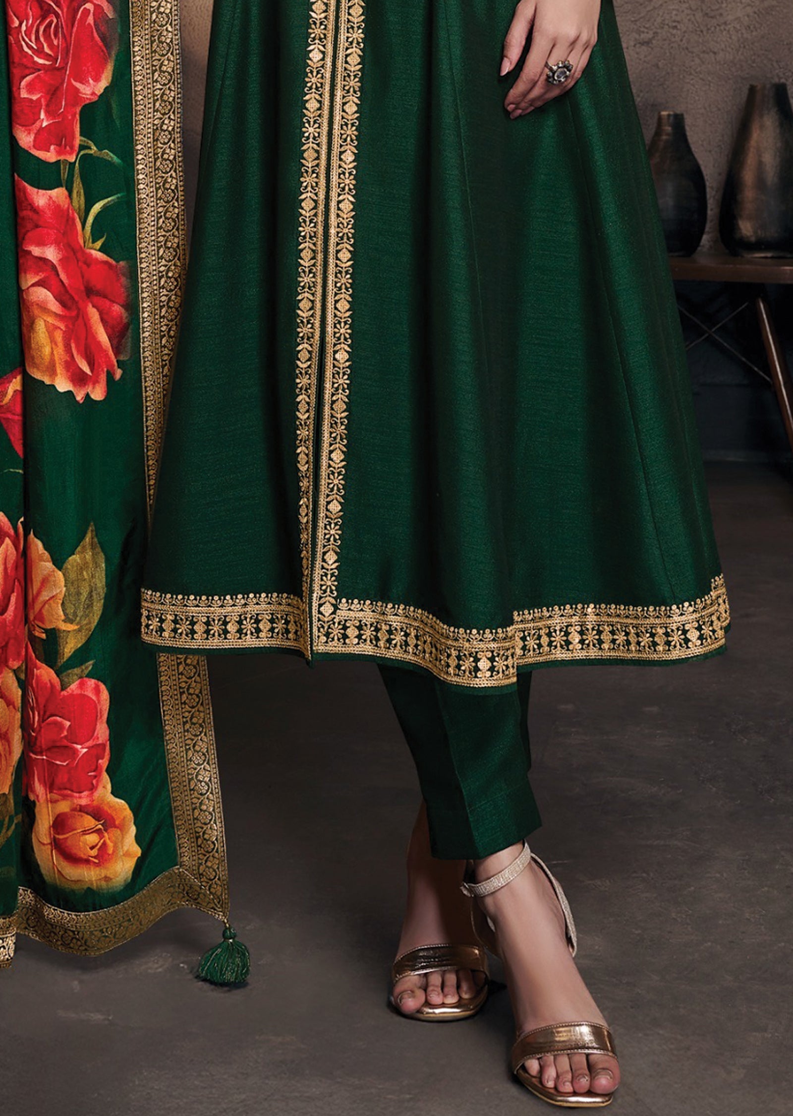 Bottle Green Silk Anarkali Suit