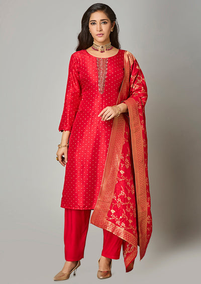 Red Silk Straight Cut Suit
