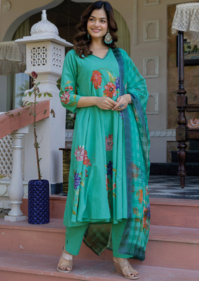 Dusty Green Cotton Anarkali Suit