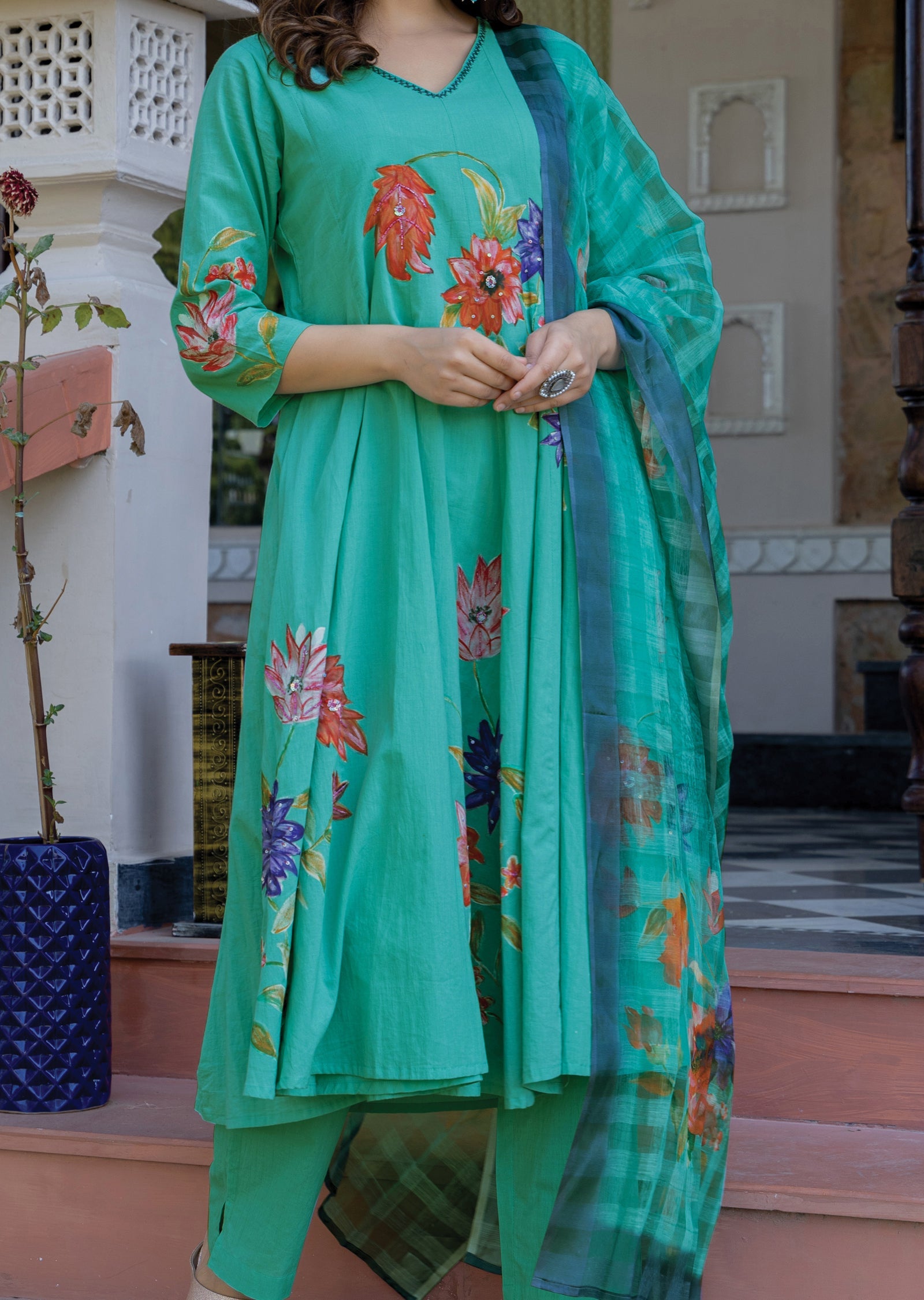 Dusty Green Cotton Anarkali Suit