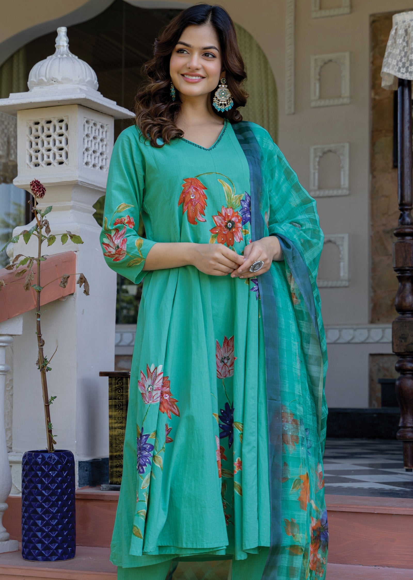 Dusty Green Cotton Anarkali Suit