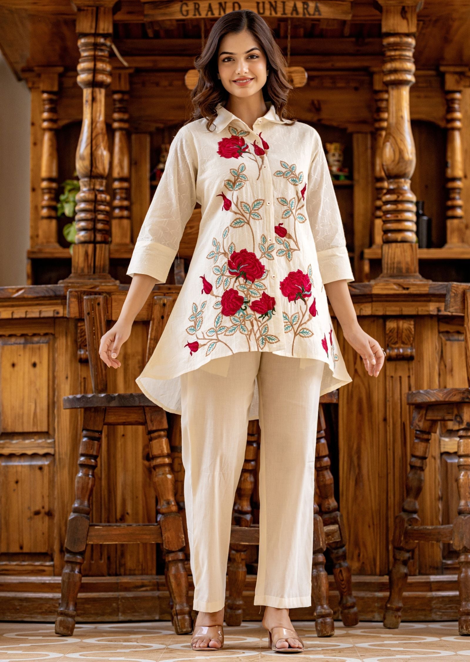 Off White Cotton Straight Cut Kurti Set