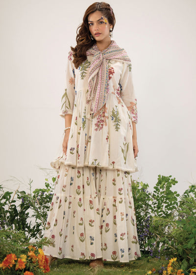 Off White Cotton Straight Cut Kurti Set