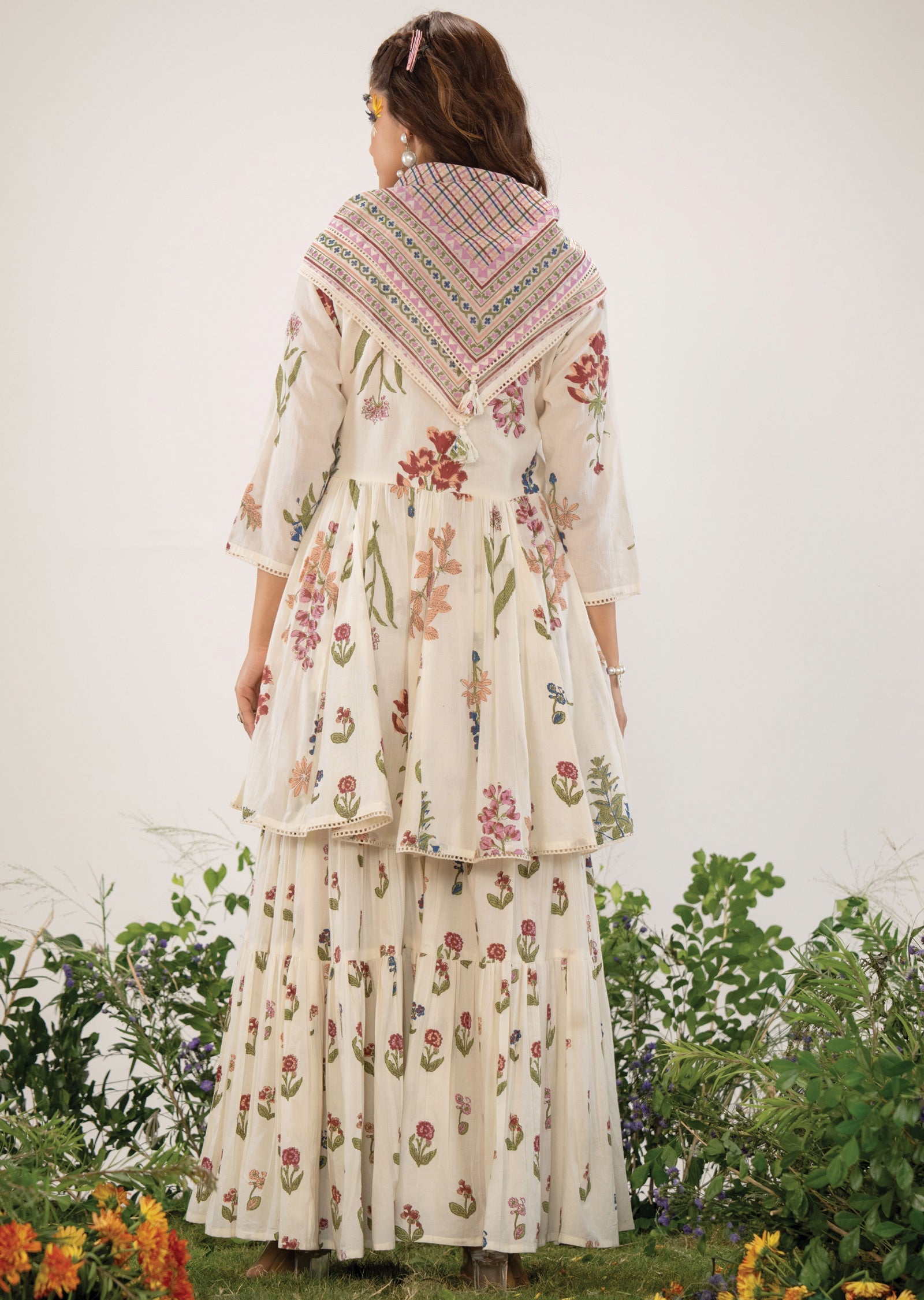 Off White Cotton Straight Cut Kurti Set
