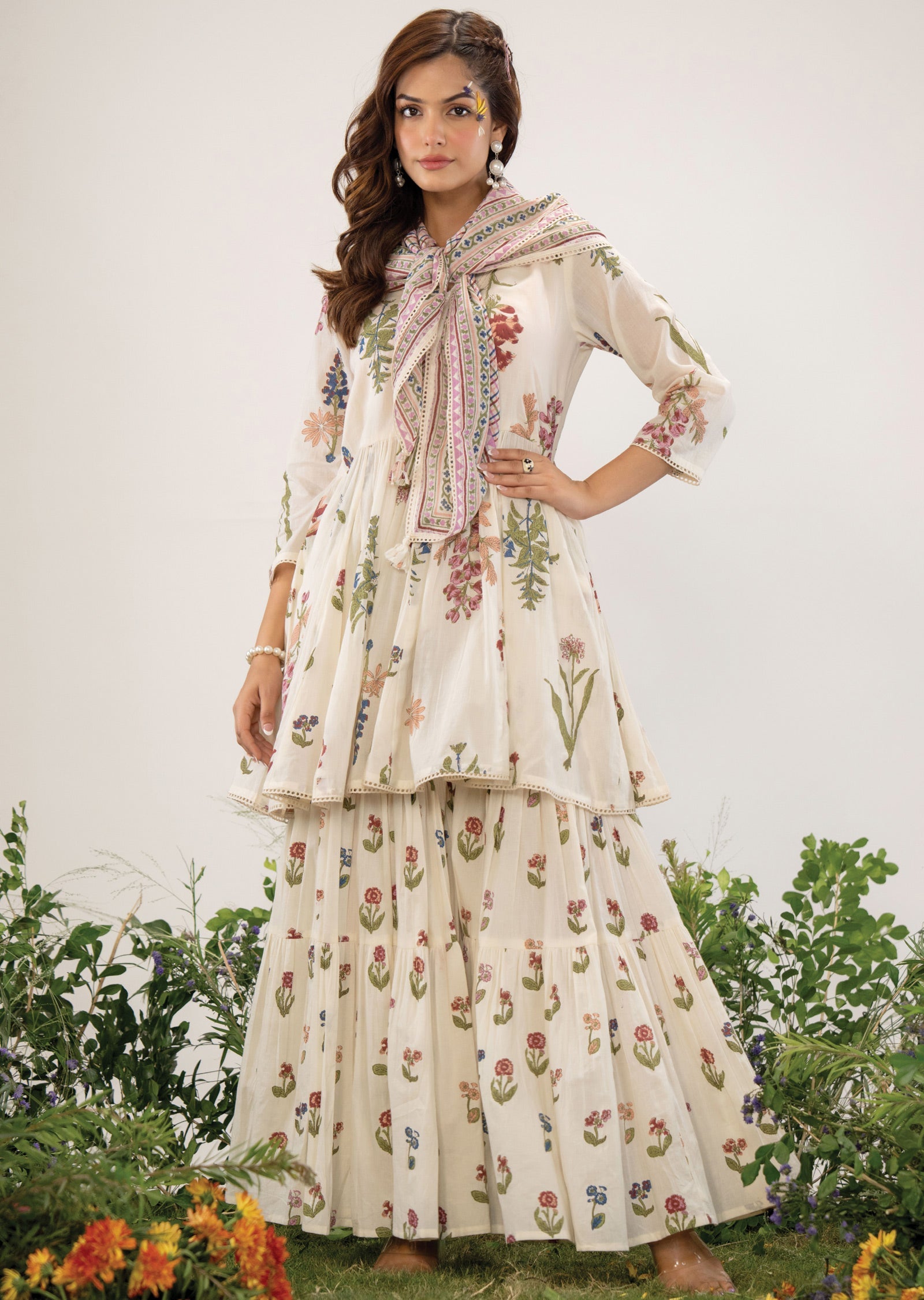 Off White Cotton Straight Cut Kurti Set