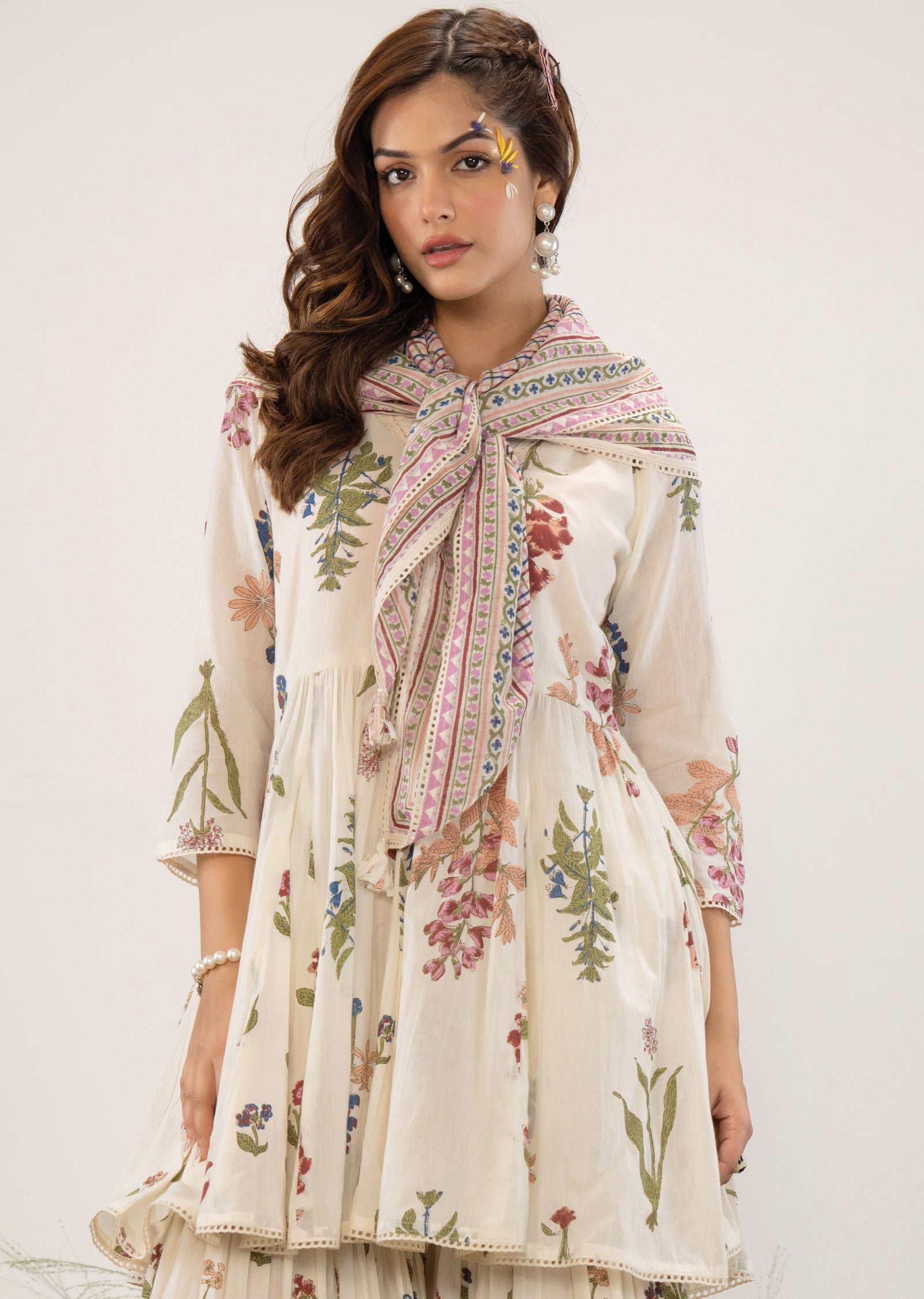 Off White Cotton Straight Cut Kurti Set