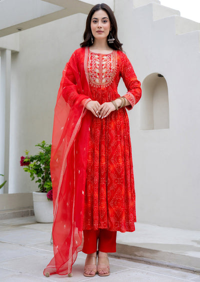 Red Rayon Anarkali Suit