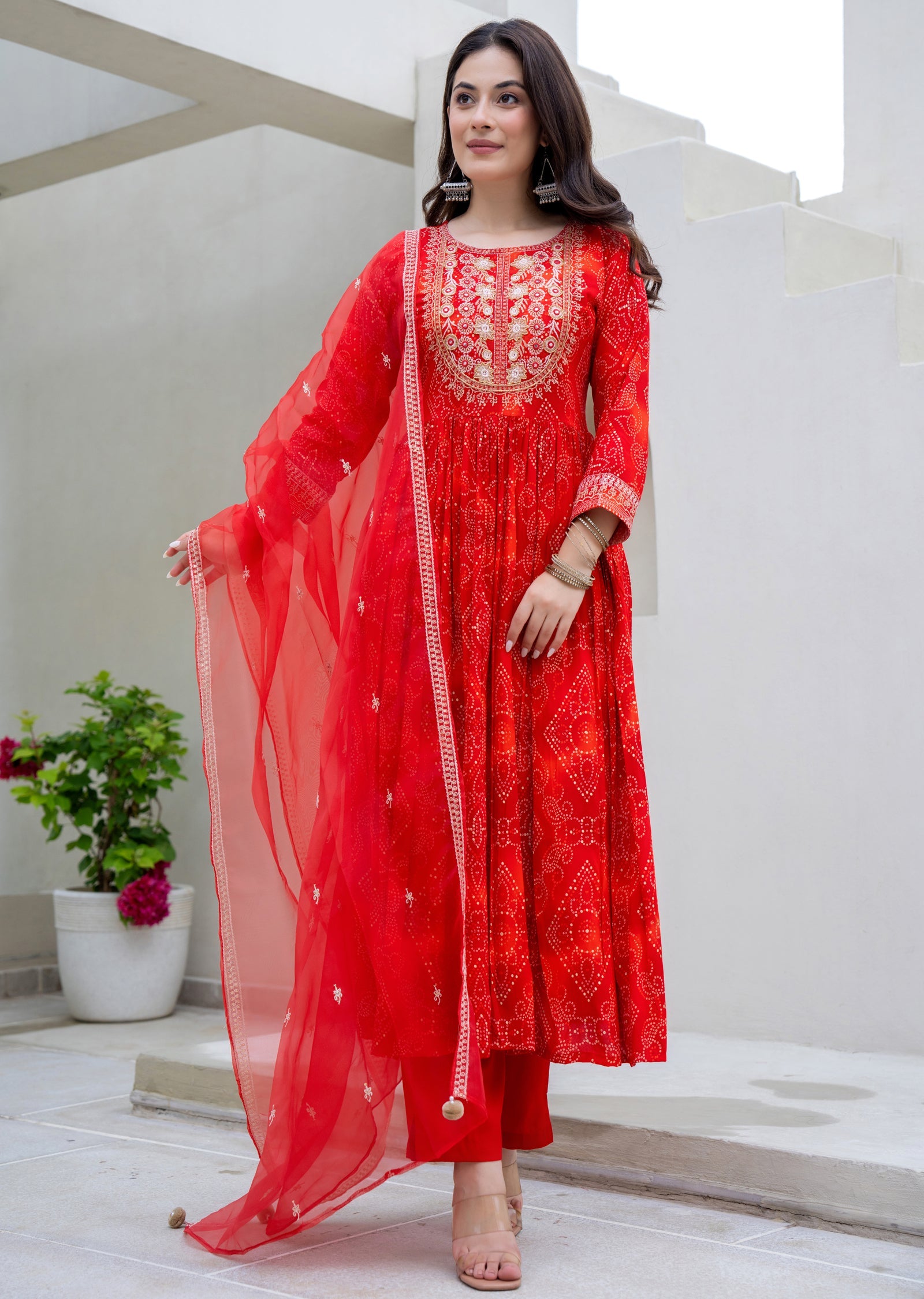 Red Rayon Anarkali Suit