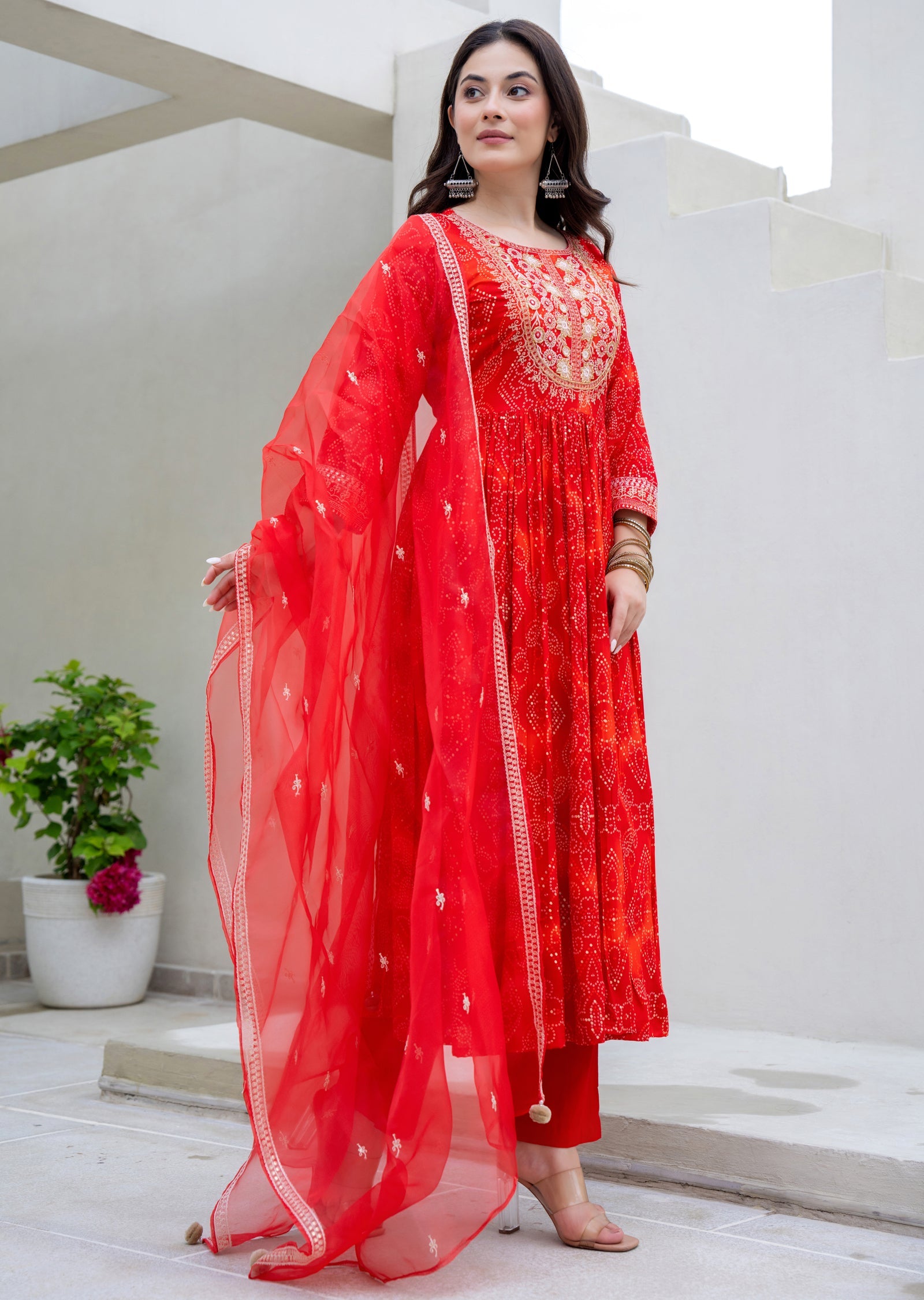 Red Rayon Anarkali Suit