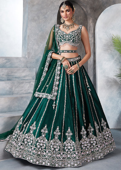 Bottle Green Raw Silk Lehenga Set