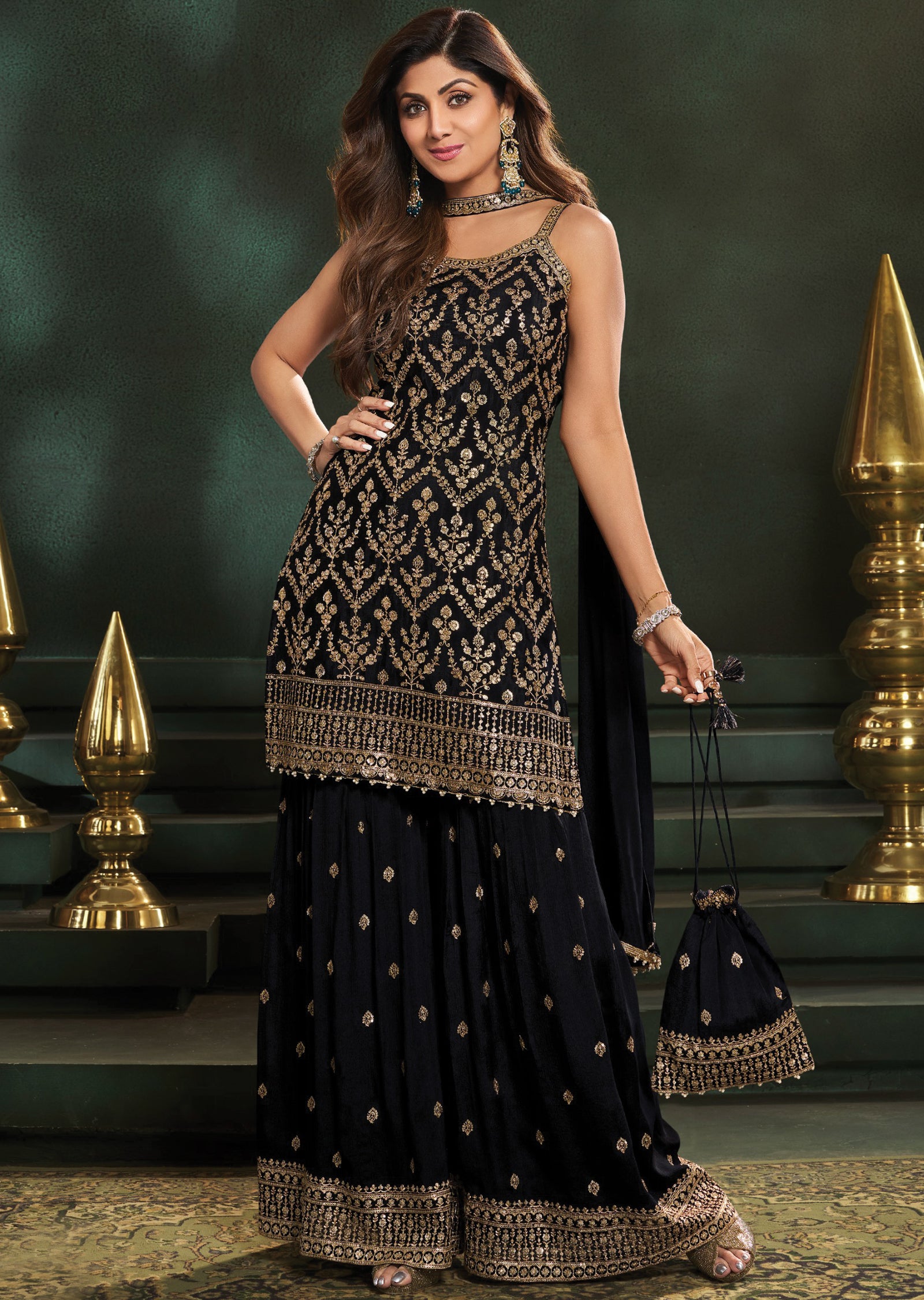 Black Silk Shararas Ghararas Set