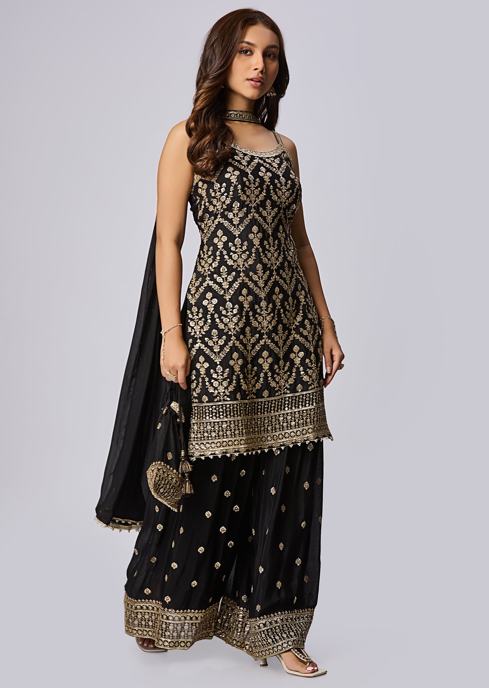 Black Silk Shararas Ghararas Set