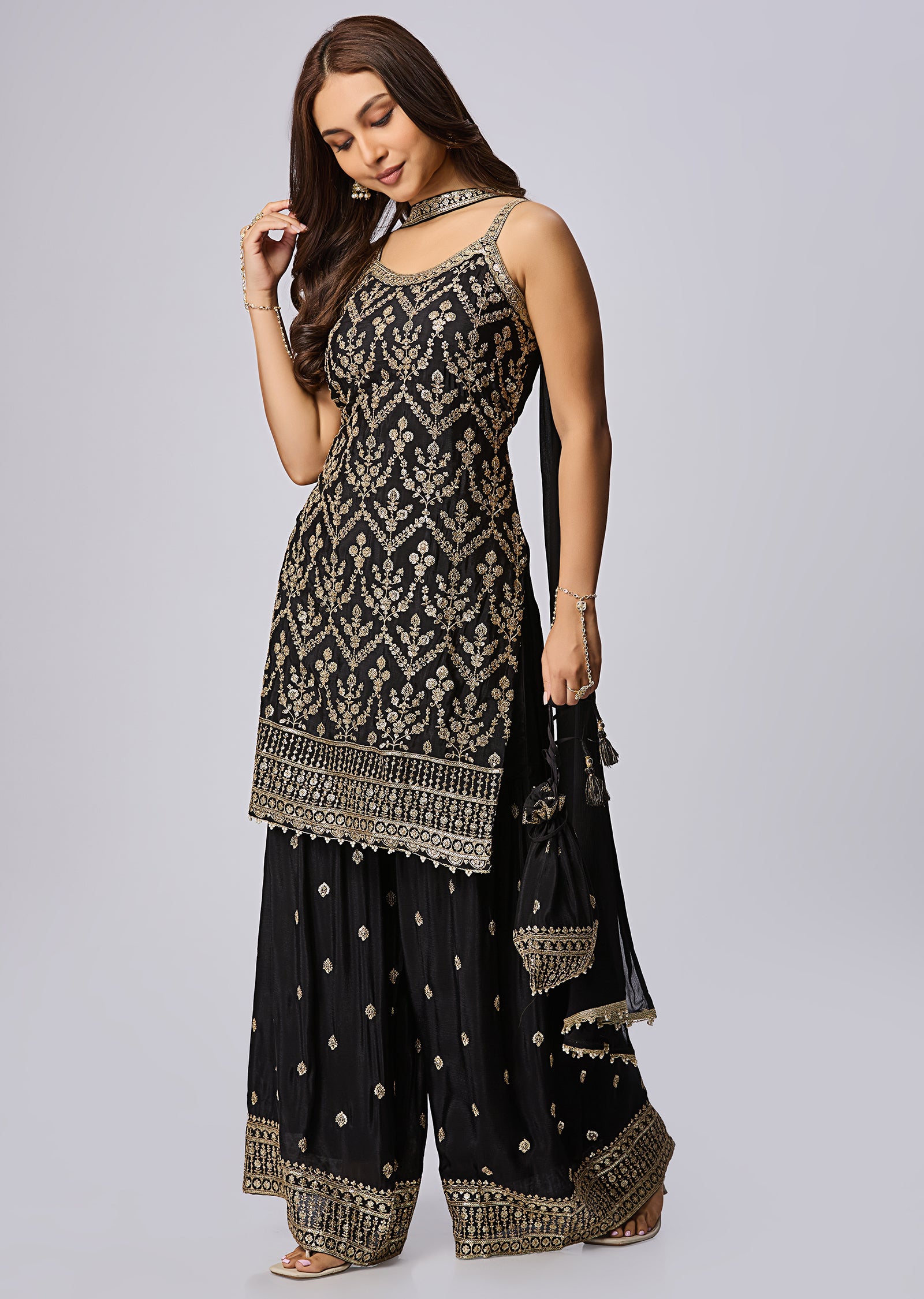 Black Silk Shararas Ghararas Set