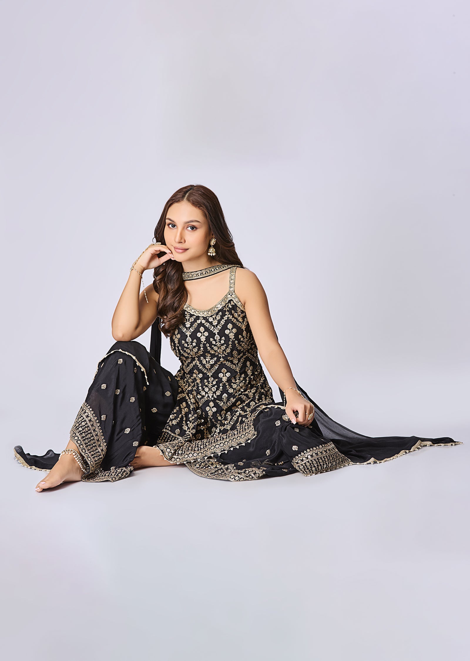 Black Silk Shararas Ghararas Set
