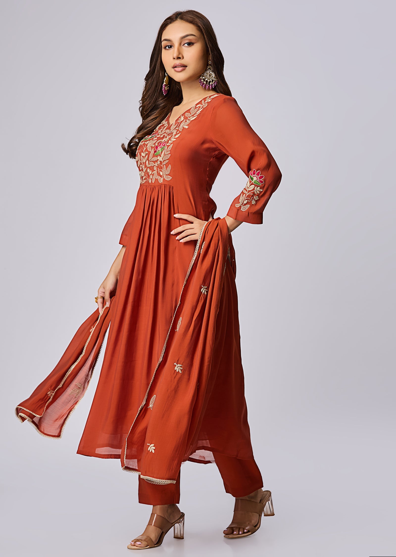 Rust Mul Chanderi Anarkali Suit