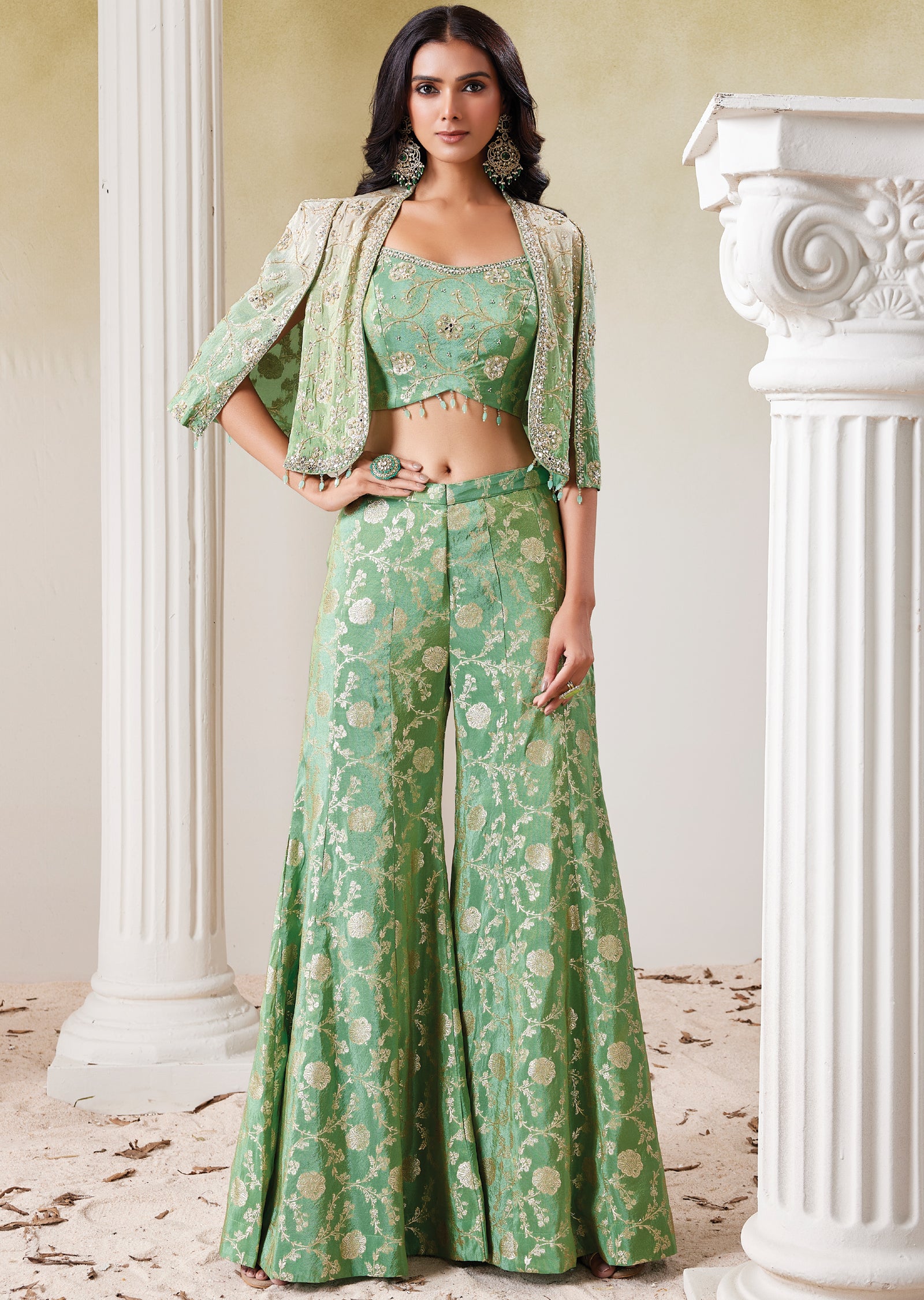 Green Tissue Indo western Set