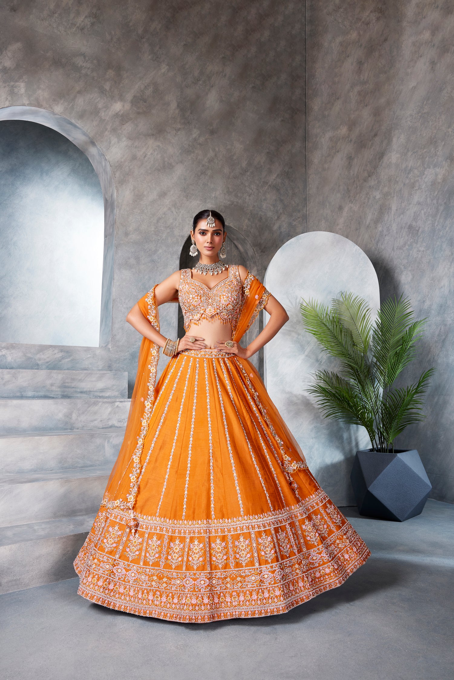 Orange Raw Silk Lehenga Set
