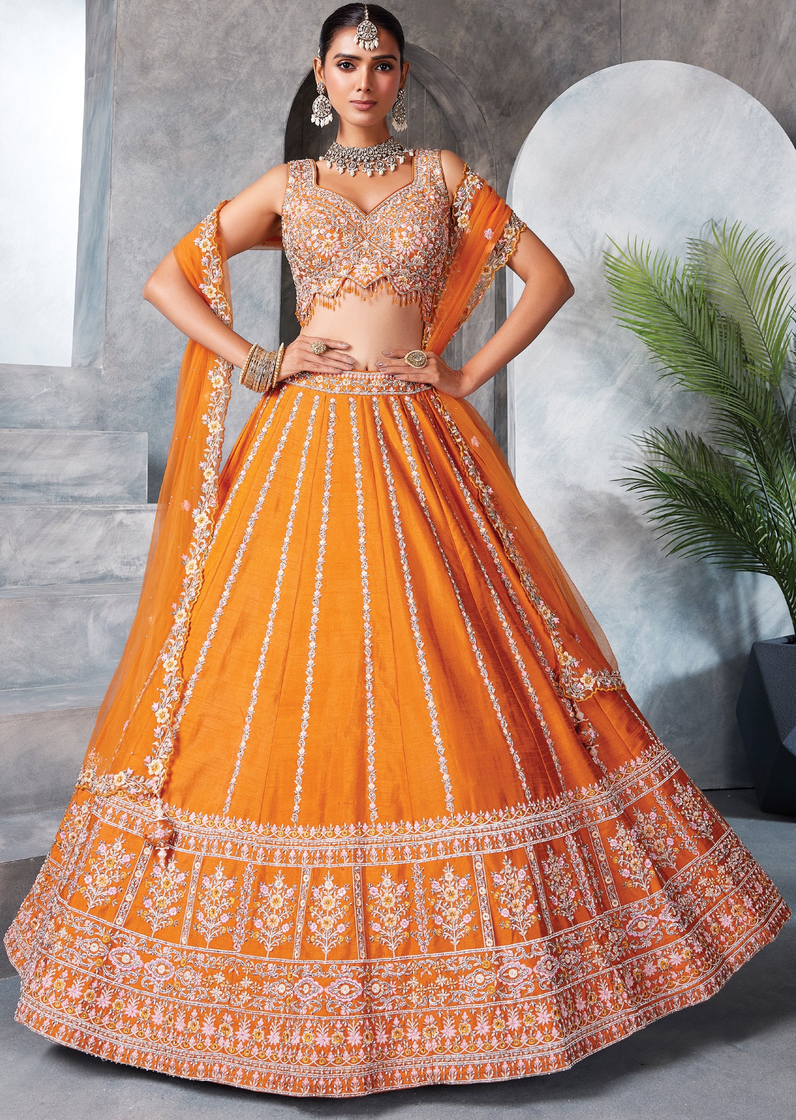 Orange Raw Silk Lehenga Set