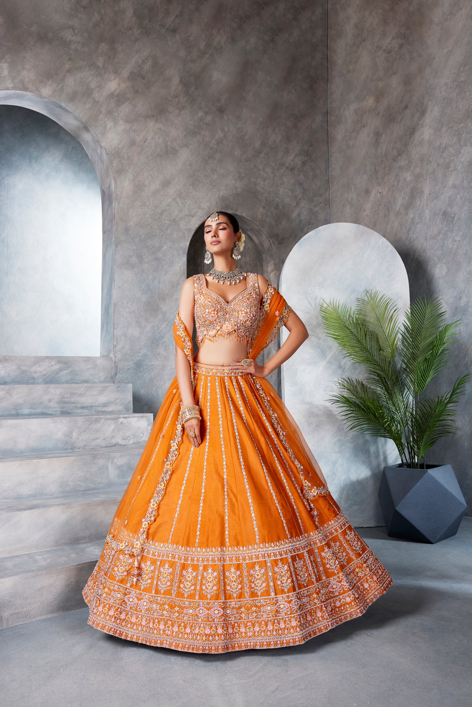 Orange Raw Silk Lehenga Set