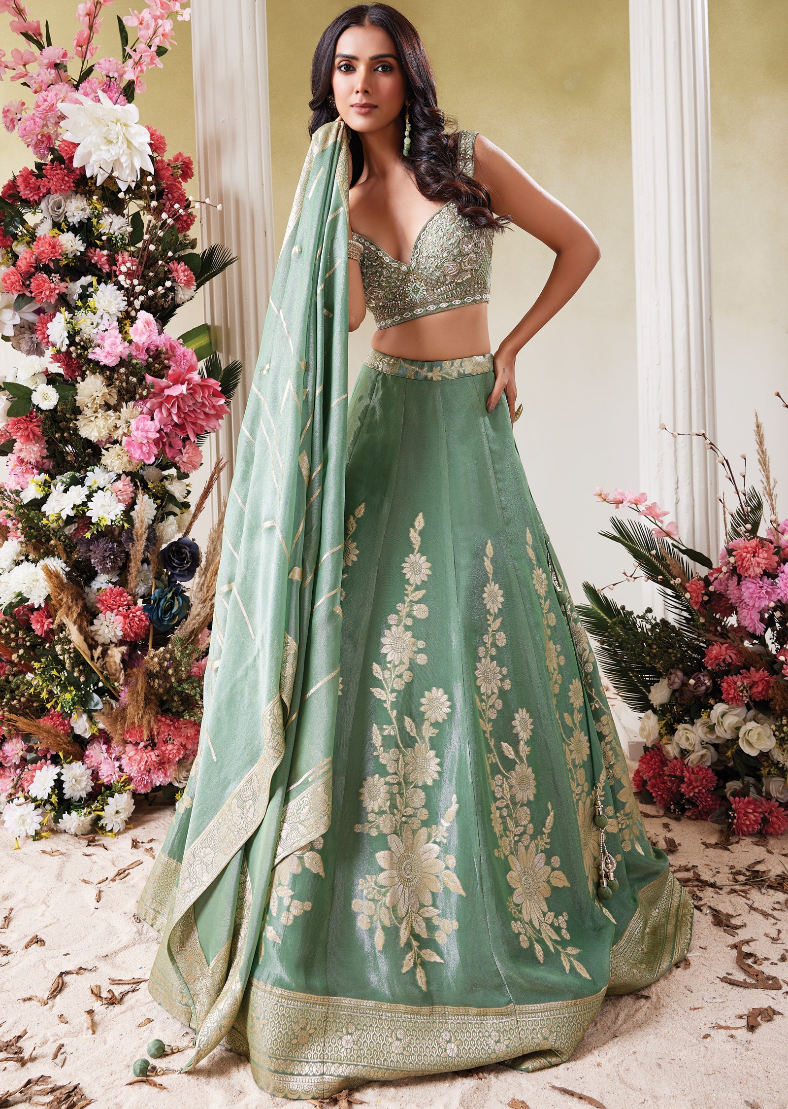 Dusty Green Banaras Lehenga Set