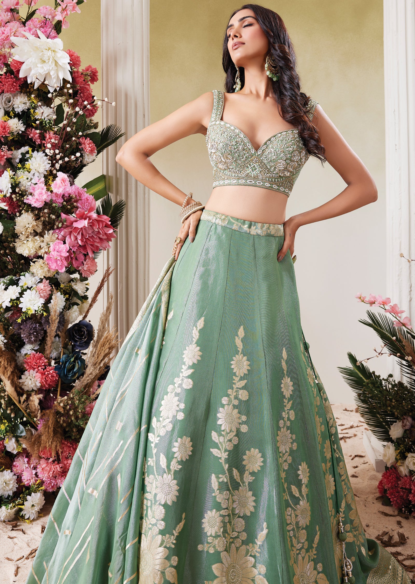 Dusty Green Banaras Lehenga Set